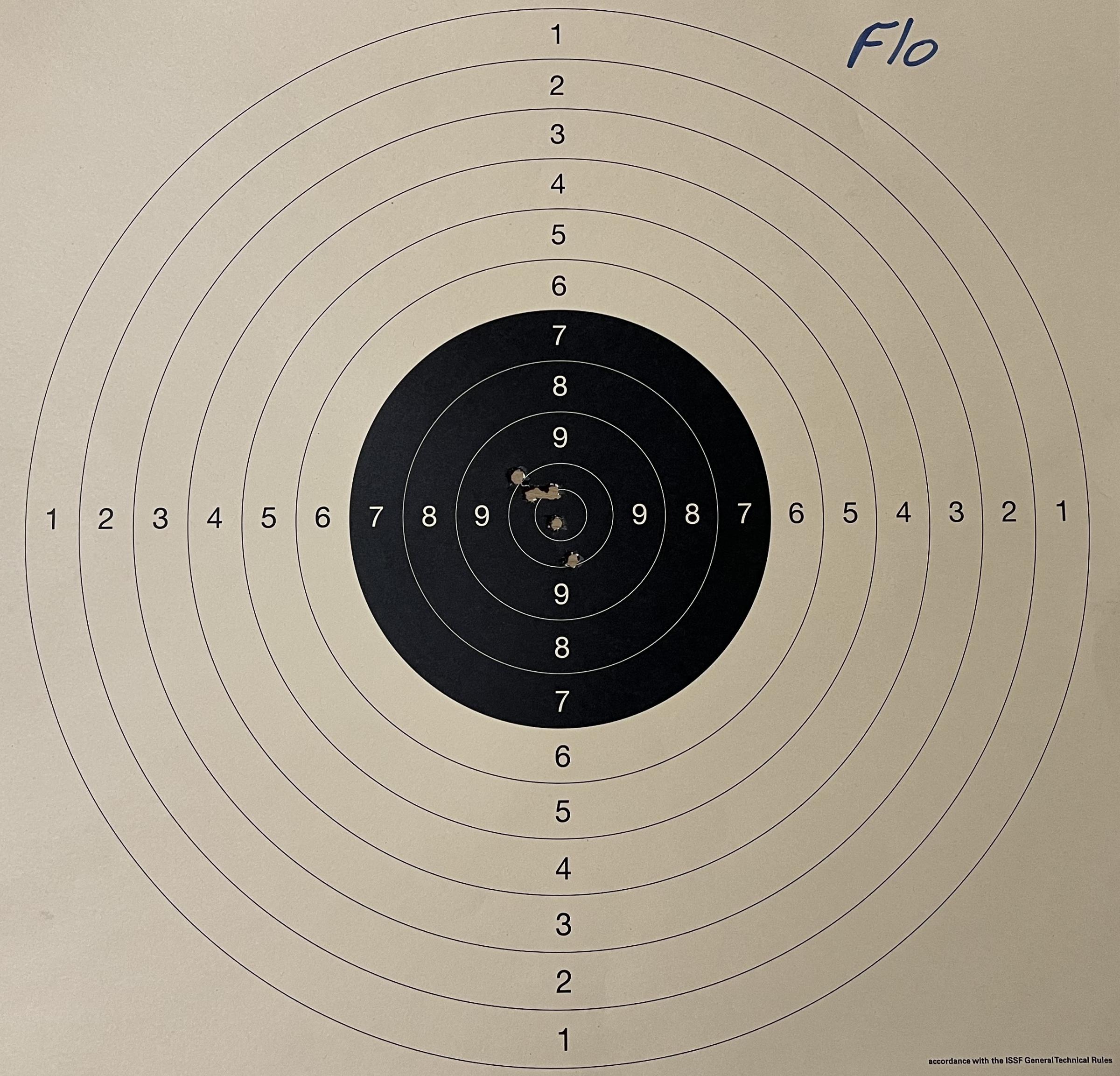 Eine Zielscheibe mit 5 Treffern auf der höchsten Wertung.